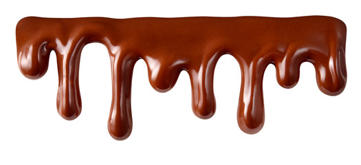 Wall Mural - Melted chocolate syrup is dripping. Streams with drops isolated on white. With clipping path.