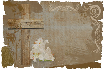 Wall Mural -  cross and lily on grunge background