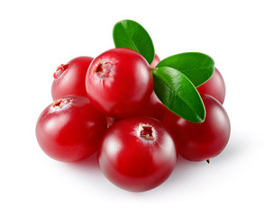Poster - Cranberry with leaves. Fresh raw berries isolated on white. With clipping path. Full depth of field.