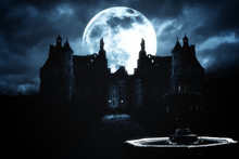 Full Moon And Haunted House In Creepy Night Forest.