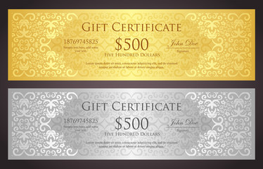 Wall Mural - Luxury golden and silver gift voucher with vintage ornament pattern