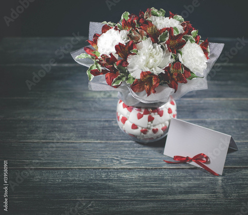 Wedding Bouquet And Marshmeloa On Wooden Table Bright White