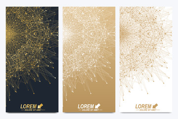 Aufkleber - Modern set of vector flyers. Geometric abstract presentation. Molecule and communication background for medicine, science, technology, chemistry. Golden cybernetic dots. Lines plexus. Card surface.