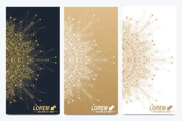 Aufkleber - Modern set of vector flyers. Geometric abstract presentation. Molecule and communication background for medicine, science, technology, chemistry. Golden cybernetic dots. Lines plexus. Card surface.
