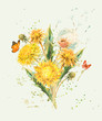 Watercolor spring flowers of yellow dandelions