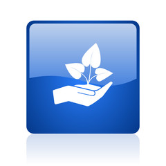 Aufkleber - Hand protect plant growth blue square glossy vector web icon. Modern design internet button for smartphone applications