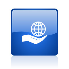Aufkleber - Hand protect the earth blue square glossy vector web icon. Modern design internet button for smartphone applications