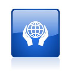 Aufkleber - Hand protect the earth blue square glossy vector web icon. Modern design internet button for smartphone applications