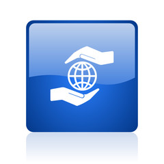 Aufkleber - Hand protect the earth blue square glossy vector web icon. Modern design internet button for smartphone applications