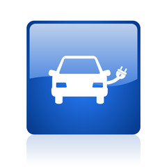 Leinwandbilder - Electric car blue square glossy vector web icon. Modern design internet button for smartphone applications