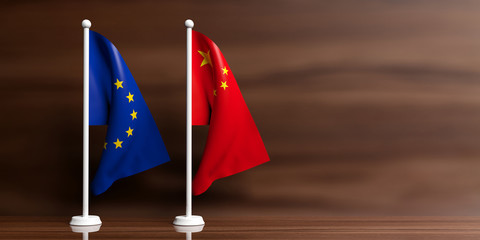 Canvas Print - China and EU flags on wooden background. 3d illustration