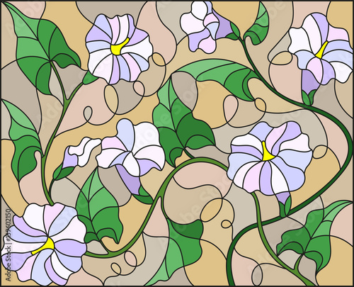 Obraz w ramie Illustration in stained glass style flowers loach, light flowers and leaves on beige background