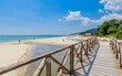 Wooden footbridge over the river. Black Sea Coast,  seaside resort Albena, Bulgaria