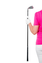Gloved Hand Holding A Golf Club And The Space Left On A White Background