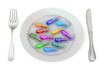 Diet and healthy meal concept. Plate with vitamin capsules, 3D rendering