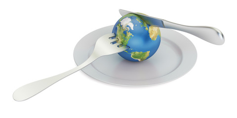 Poster - Earth globe on a plate with fork and knife, 3D rendering