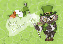 Saint Patricks Day Owl Patrick Smoking Pipe And Holding Clover Symbol And Irish Flag, Wearing A Green Traditional Outfit With National Pattern, Tiled Background With Four-leaf Lucky Clover