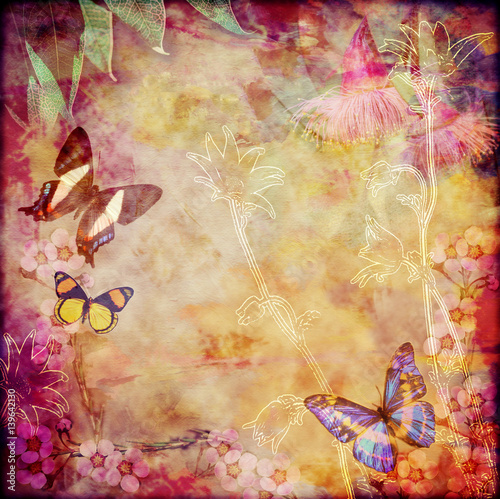 Naklejka - mata magnetyczna na lodówkę Vintage floral background with Australian butterflies. Colorful aged canvas textured background. Copy space for text.