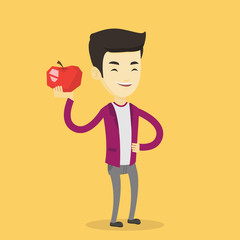 Sticker - Young man holding apple vector illustration.