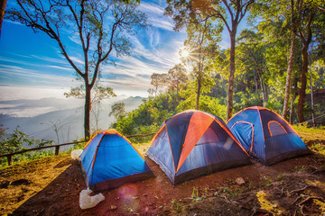 camping tent in the top of mountain in the morning