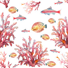 Watercolor Nautical Seamless Pattern. Hand Painted Underwater Texture With Fishes And Corals On White Background. Sea Wallpaper Design