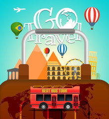 Wall Mural - Vacation travelling concept. Vector travel illustration with different famous sights