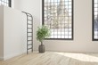 © AntonSh - White empty room with flower and winter landscape in window. Scandinavian interior design. 3D illustration
