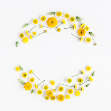 Flowers Composition. Wreath Made Of Various Yellow Flowers On White Background. Flat Lay, Top View
