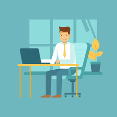 Poster - Guy sitting at the desk with laptop - freelance work concept