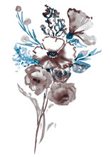 Bunch Of Dry Roses Flowers And Wild Mallow, Blue Leaves And Berries, Isolated Hand Painted Watercolor Illustration In Modern Style (soft Spots)