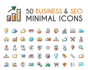 Poster - Set of 50 Minimalistic Solid Line Coloured Business and SEO Icons . Isolated Vector Elements