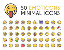 Set Of 50 Minimalistic Solid Line Coloured Emoticons Icons . Isolated Vector Elements