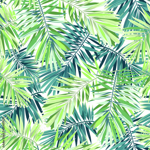 Fototapeta na wymiar Bright green background with tropical plants. Seamless vector exotic pattern with phoenix palm leaves.