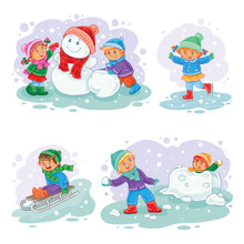 Set Winter Icons With Little Children
