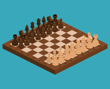 Isometric Flat 3D Concept Vector Chess Pieces With Board