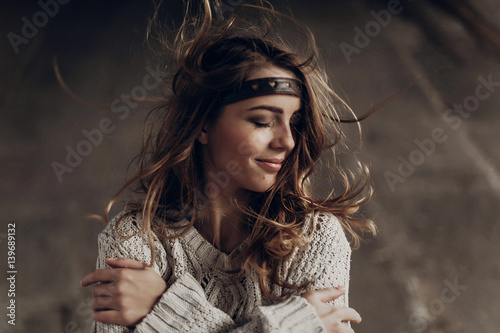 Beautiful Hipster Woman In Boho Indie Clothes Posing In Winter