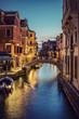 Typical small Venetian Canal in the evening, Venice (Venezia), Italy, Europe, Vintage filtered style