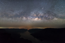 Clearly Milky Way Above The Lake And Mountain. Pha Dang Luang View Point, Mae Ping National Park.