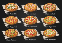 Vector Illustration Of A Pizza Menu Including Popular Pizza Varieties, Neapolitan, Italian Supreme, Mexican, Hawaiian, Mushroom, Margherita And Pepperoni Pizza.