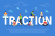 Usability traction concept illustration of young men and women using devices such as laptop, smartphone, tablets. Flat design of people addicted to gadgets sitting on the bid letters with social media