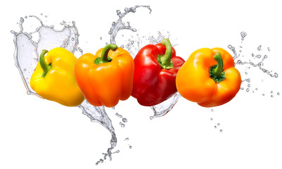Canvas Print - Water splash and vegetables isolated on white backgroud. Fresh bell pepper