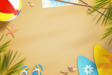 Beach in summer time surrounded with objects for fun. In the shade of palm trees. Free space for text.