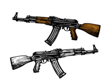 Weaponry, Armament Symbol. Automatic Machine AK 47. Kalashnikov Assault Rifle, Sketch. Vector Illustration