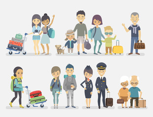 Wall Mural - traveling people, family, friends, couple, seniors, adventurers with baggage.