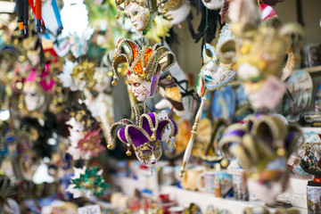 Colorful carnival Venetian masks on the market