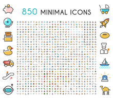 Set Of 850 Minimalistic Solid Line Colored . Isolated Vector Elements