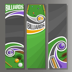 Wall Mural - Vector Vertical Banners for Billiards: 3 cartoon template for title text on snooker theme, billiards table, 9, 4, 12, 1 numbers pool balls, abstract vertical banner for inscription on grey background.