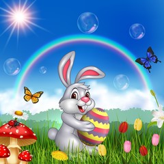 Cartoon rabbit holding an Easter egg with nature background