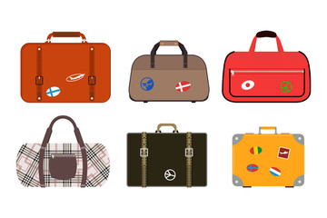 Poster - Travel tourism fashion baggage or luggage vacation handle leather big packing briefcase and voyage destination case bag on wheels vector illustration.