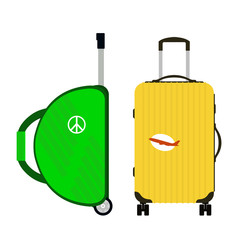 Poster - Travel tourism fashion baggage or luggage vacation handle leather big packing briefcase and voyage destination case bag on wheels vector illustration.